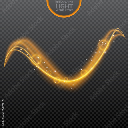 Golden light effect on transparent background with realistic sparkles. Magic light. Glowing swirl light effect. Vector Illustration
