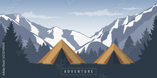 camping adventure in the wilderness in the forest at snowy mountain landscape vector illustration EPS10