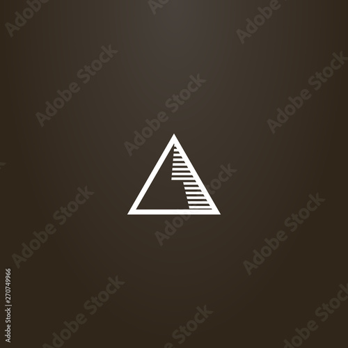 white sign on a black background.  simple line art vector sign of geometric triangular mountain with shadow
