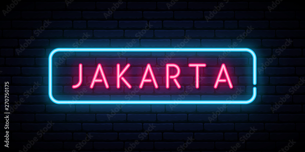 Obraz premium Jakarta neon sign. Bright light signboard. Vector banner.