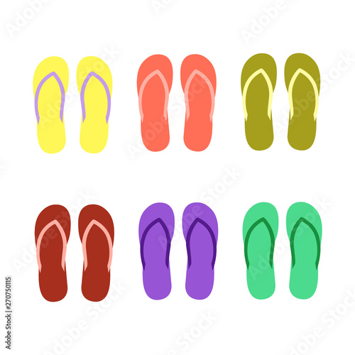Set with cute and colorful summer flip flops for beach holiday. String of unisex flip flops for comfortable walking on beach and pool. Isolated illustration on white background