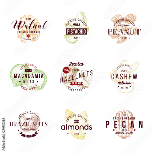 Type designs with different hand drawn edible nuts