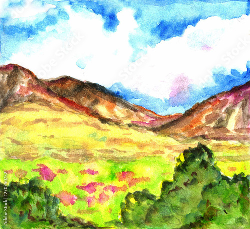 Hand drawn watercolor landscape with mountains, sky, clouds, field herbs and flowers. beautiful nature.