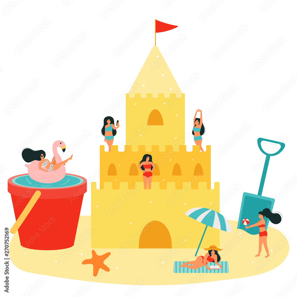 Beach vector illustration. Sand castle and small people. Women relax, sunbathe, play a ball, swim in a pool in a bucket. The girl is photographed. Summertime vacation.