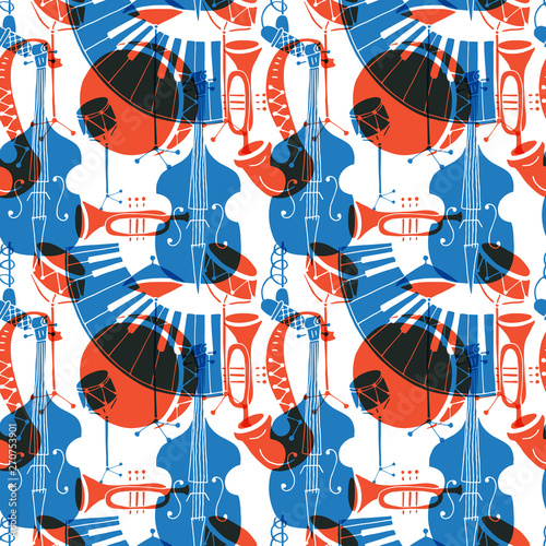 Sticker Vector Seamless pattern with music instruments jazz concept