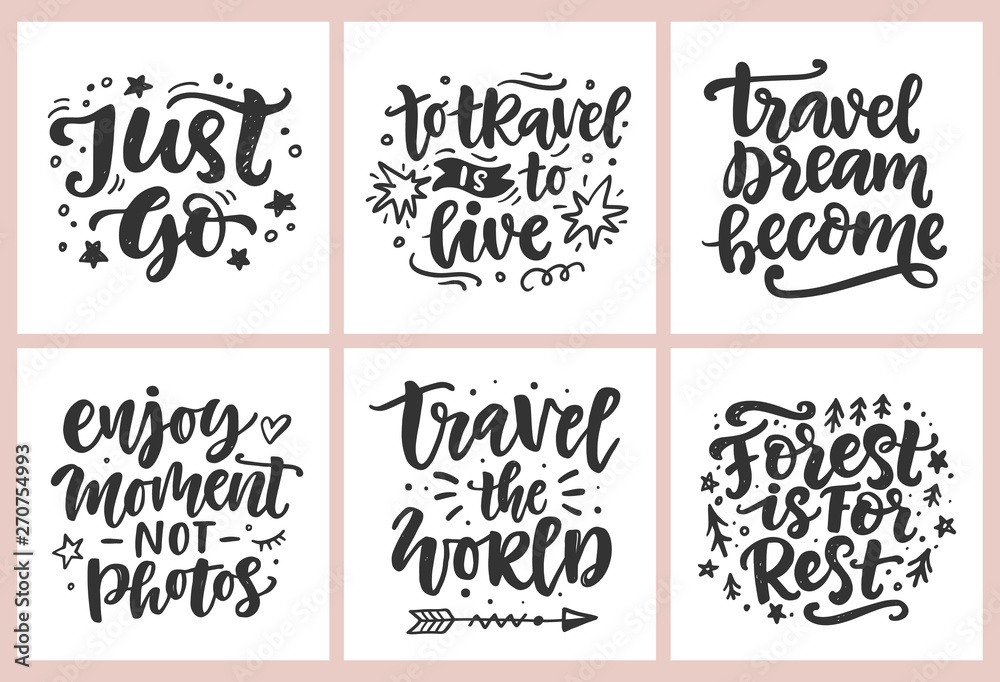 Fototapeta Travel, adventures hand written lettering quotes icons badges set
