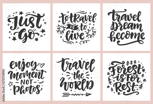 Travel, adventures hand written lettering quotes icons badges set