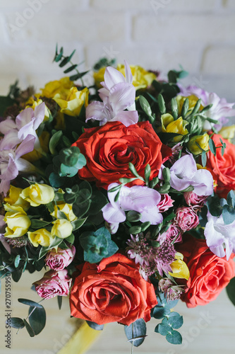 Delicate beautiful bouquet of flowers close up