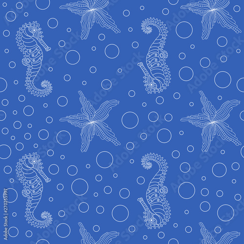 seamless background with images of seahorse and sea star. white line drawing on blue background