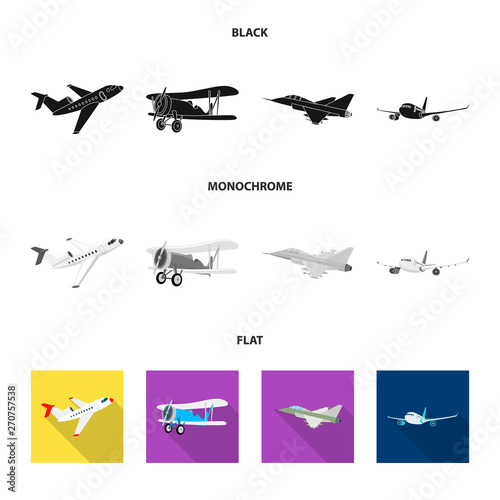 Vector illustration of plane and transport sign. Set of plane and sky stock symbol for web.