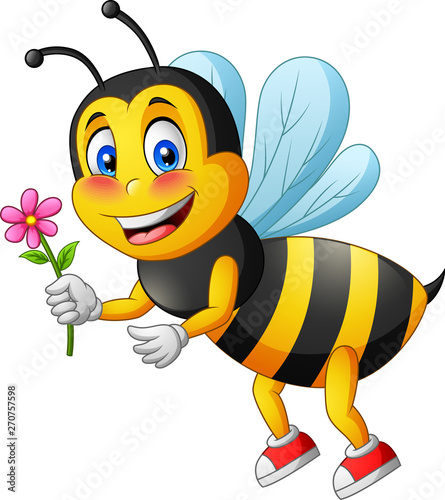 Cartoon cute bee carry flower. vector illustration