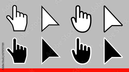 8 Black and white arrow no pixel mouse hand cursors icons vector illustration set flat style design isolated on white background.
