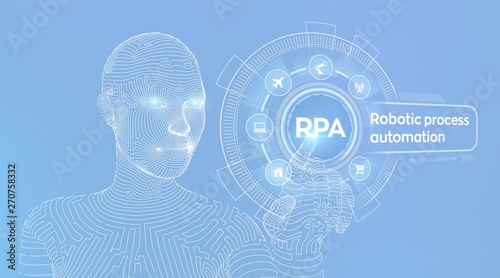 RPA Robotic process automation innovation technology concept on virtual screen. Wireframed cyborg hand touching digital graph interface. AI. Artificial intelligence. Vector illustration.
