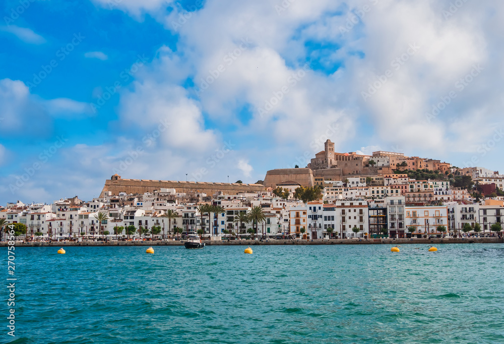 Ibiza island, Spain. View of the old town. Dalt Vila and typical Balearic houses in summer