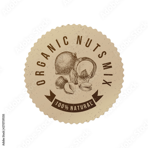 Vector round label with type design and hand drawn nuts
