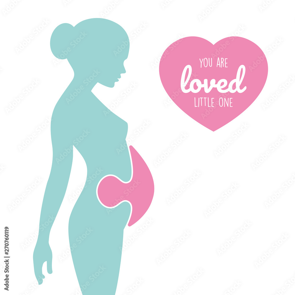 Silhouette of pregnant woman with heart on color background. Puzzle belly.