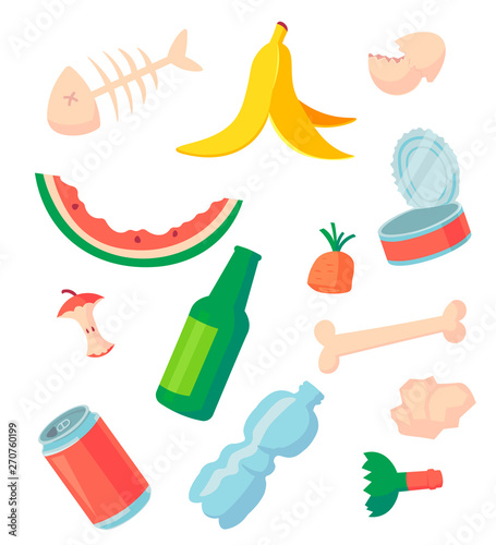 Garbage sorting: food waste, glass, metal and paper, plastic electronic, organic. Pile of Smelling Decaying Garbage Left Lying Around. Vector Illustration.