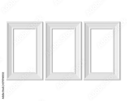 Set 3 1x2 Vertical Portrait picture frame mockup. Realisitc paper  wooden or plastic white blank. Isolated poster frame mock up template on white background. 3D render.