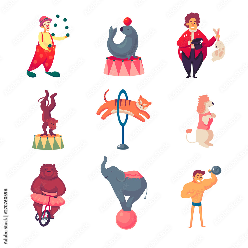 Circus clown, Seal, Elephant, poodle, monkey, tigerbear on a bicycle, strong man, magician. Vector illustration Isolated on white background. Cartoon and flat style. Circus clown, Seal, Elephant, poodle, monkey, tigerbear on a bicycle, strong man, magician. Vector illustration Isolated on white background. Cartoon and flat style.