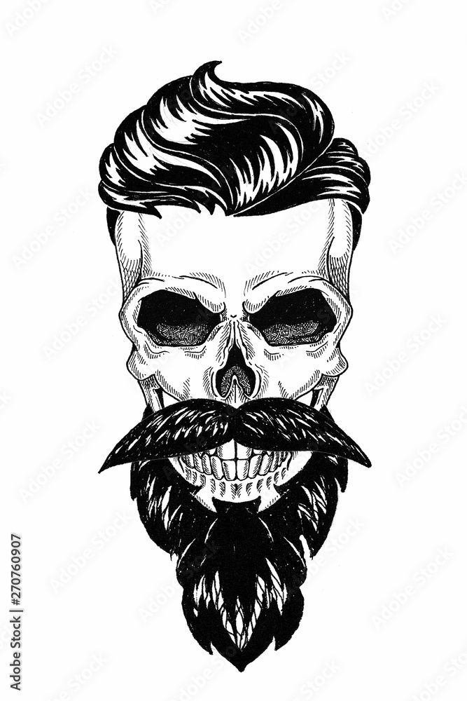 Monochrome illustration barbershop of skull with beard, mustache, hipster haircut and on white background, cartoon, angry, beautiful, brutal. Monochrome illustration barbershop of skull with beard, mustache, hipster haircut and on white background, cartoon, angry, beautiful, brutal.