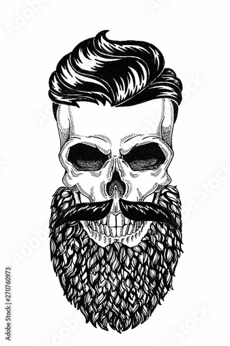 Monochrome illustration barbershop of skull with beard, mustache, hipster haircut and on white background, cartoon, angry, beautiful, brutal.