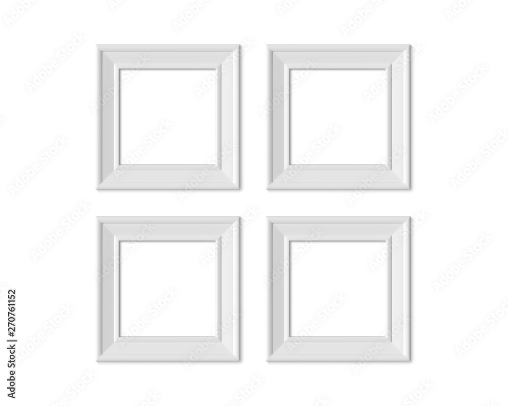 Set 4 1x1 Square picture frame mockup. Realisitc paper, wooden or plastic white blank. Isolated poster frame mock up template on white background. 3D render. Set 4 1x1 Square picture frame mockup. Realisitc paper, wooden or plastic white blank. Isolated poster frame mock up template on white background. 3D render.
