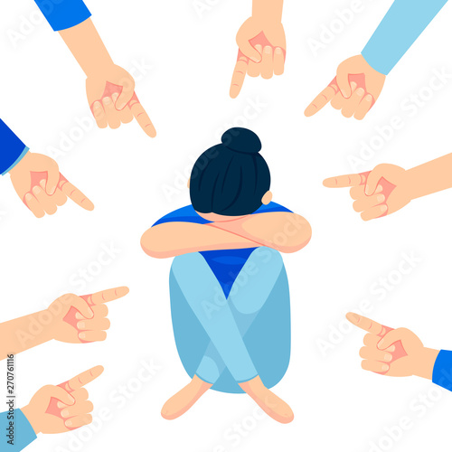 Sad teenage girl sitting on floor surrounded by classmates mocking him, scoffing. Problem of mockery and bullying at school. Flat cartoon colorful vector illustration isolated on white