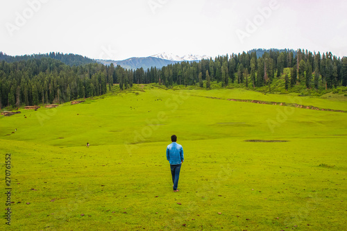 A person tourist walking in the never-ending lush green meadows of Doodhpathri in Kashmir. Tourism in Kashmir