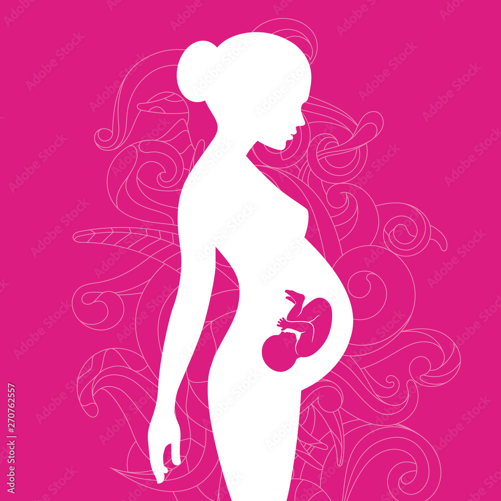 Silhouette of pregnant woman with baby in belly with floral ornament Silhouette of pregnant woman with baby in belly with floral ornament