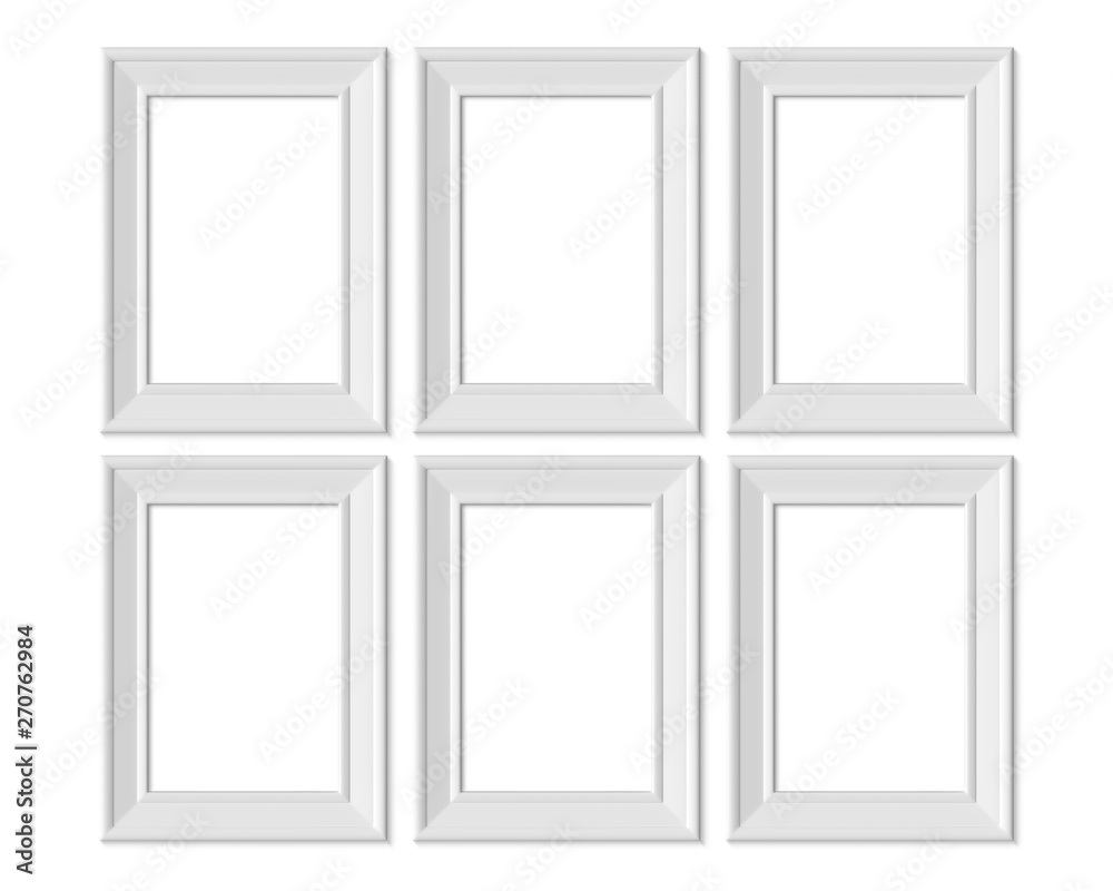 Set 6 2x3 A4 Vertical Portrait picture frame mockup. Realisitc paper, wooden or plastic white blank. Isolated poster frame mock up template on white background. 3D render. Set 6 2x3 A4 Vertical Portrait picture frame mockup. Realisitc paper, wooden or plastic white blank. Isolated poster frame mock up template on white background. 3D render.