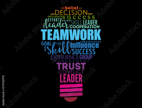 Teamwork light bulb word cloud, business concept background