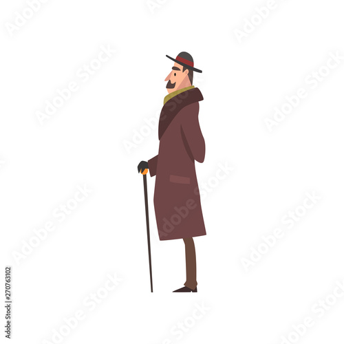 Elegant Victorian Gentleman Character in Brown Coat and Hat Walking with Cane Vector Illustration