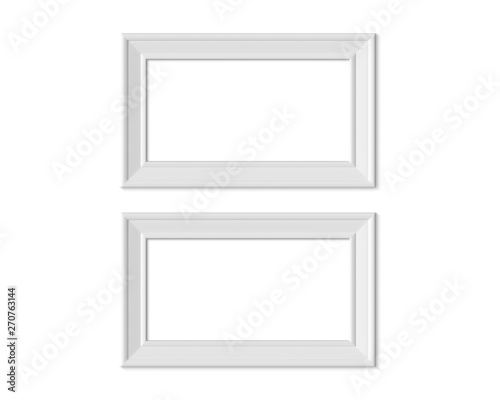 Set 2 1x2 Horizontal Landscape picture frame mockup. Realisitc paper, wooden or plastic white blank. Isolated poster frame mock up template on white background. 3D render. photo