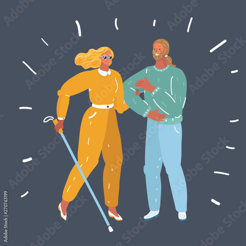 Blind person walking with stick.