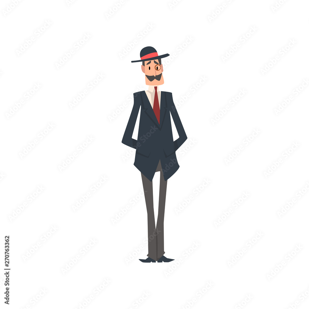 Elegant Victorian Gentleman Character in Black Suit and Hat Vector Illustration