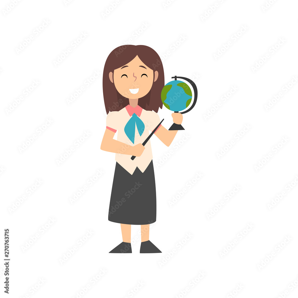 Girl Teacher Character with Pointer and Globe, Kid Dreaming of Future Profession Vector Illustration Girl Teacher Character with Pointer and Globe, Kid Dreaming of Future Profession Vector Illustration