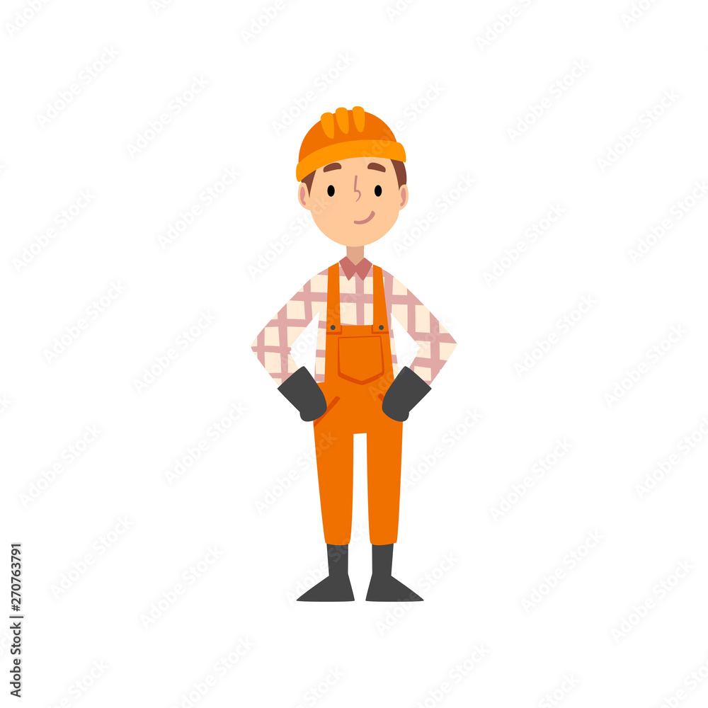 Boy Construction Worker Character in Uniform and Hard Hat, Kid Dreaming of Future Profession Vector Illustration