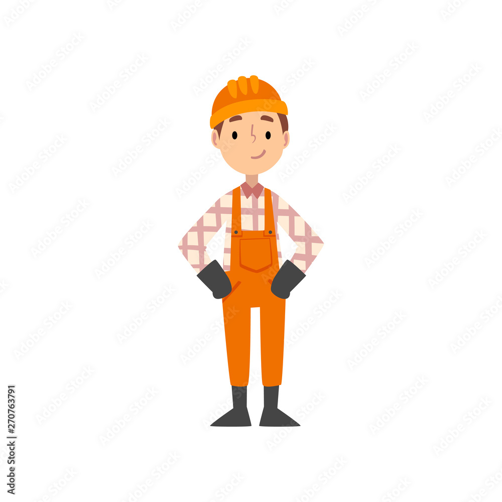 Boy Construction Worker Character in Uniform and Hard Hat, Kid Dreaming of Future Profession Vector Illustration Boy Construction Worker Character in Uniform and Hard Hat, Kid Dreaming of Future Profession Vector Illustration