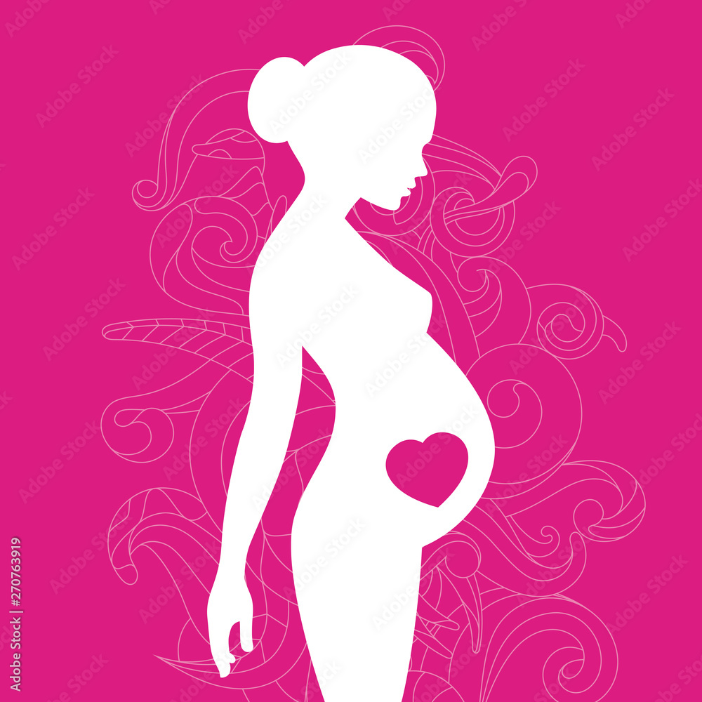 Silhouette of pregnant woman with floral ornament and heart