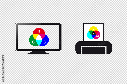 RGB Monitor Display And CMYK Print Symbols - Vector Illustration - Isolated On Transparent Background