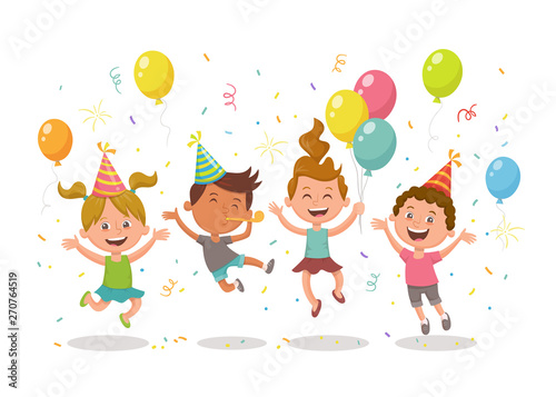 Happy kids celebrating a party with balloons, party hats and confetti. Happy birthday concept. Cartoon character design isolated on white background.