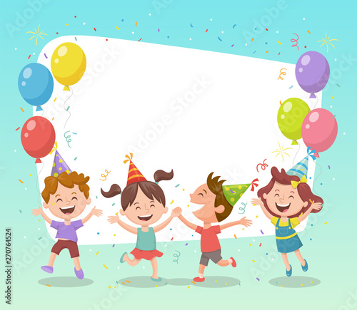 Happy group of kids celebrating a party with balloons, party hats and confetti. Template for making birthday cards, invitations, photo frames and backgrounds.
