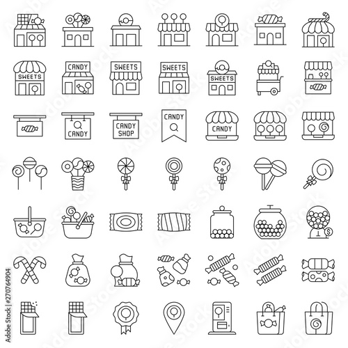 Sweet shop related vector icon set, line style