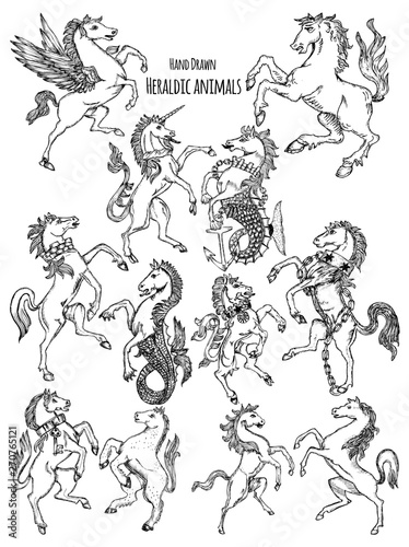 Hand Drawn Heraldic Horse Vector design collection