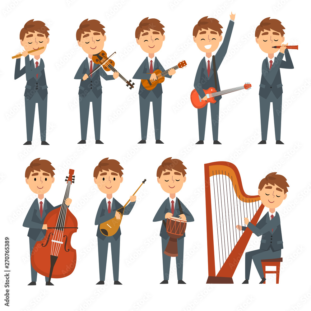 Musicians Boys Playing Different Musical Instruments Set, Talented Children Characters Playing Flute, Violin, Guitar, Ukulele, Harp, Cello, Ethnic Drum Vector Illustration Musicians Boys Playing Different Musical Instruments Set, Talented Children Characters Playing Flute, Violin, Guitar, Ukulele, Harp, Cello, Ethnic Drum Vector Illustration
