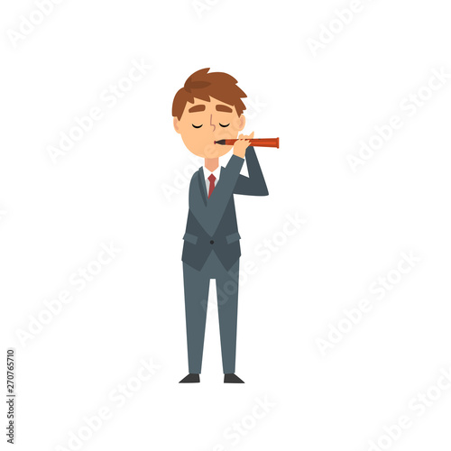 Boy Playing Flute, Talented Young Flutist Character Playing Brass Musical Instrument Vector Illustration