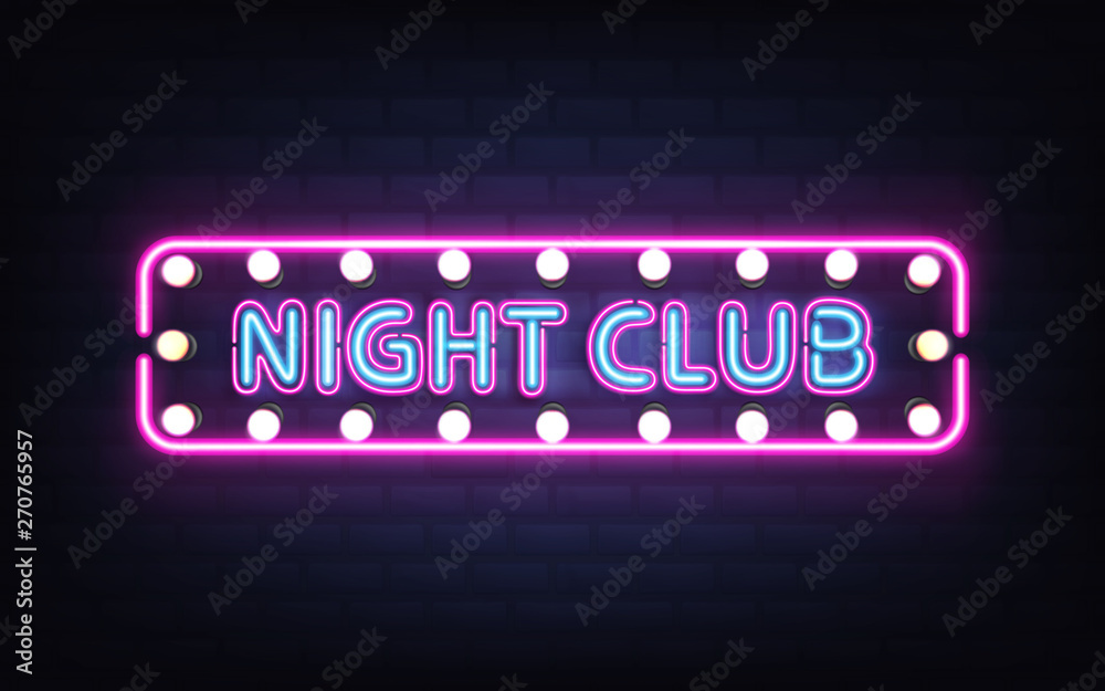Night club, disco bar or pub glowing bright neon light, retro signboard on brick wall 3d realistic vector with blue letters, white bulb lamps and violet, pink fluorescent illumination illustration Night club, disco bar or pub glowing bright neon light, retro signboard on brick wall 3d realistic vector with blue letters, white bulb lamps and violet, pink fluorescent illumination illustration