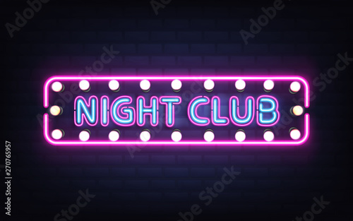 Night club, disco bar or pub glowing bright neon light, retro signboard on brick wall 3d realistic vector with blue letters, white bulb lamps and violet, pink fluorescent illumination illustration