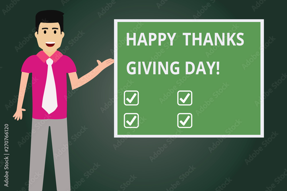 Text sign showing Happy Thanks Giving Day. Conceptual photo Celebrating thankfulness gratitude holiday Man with Tie Standing Talking Presenting Blank Color Square Board photo