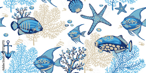 Sea seamless pattern with corals, starfishes and tropical fishes
